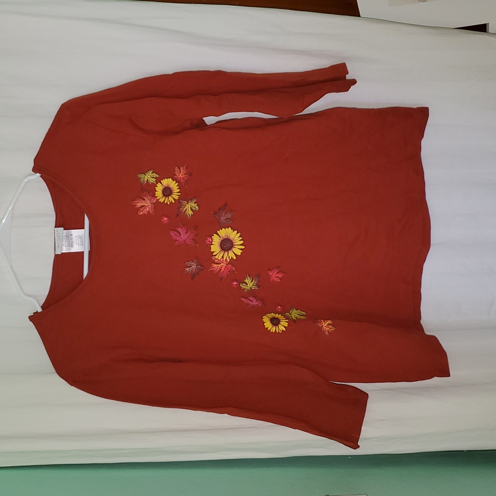 Vintage Y2k Fall Leaves Sunflowers Ladybug 3/4 Sleeve Top